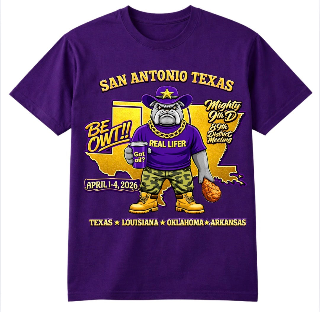 Purple t-shirt with graphic design of a bulldog and text about San Antonio, Texas, and a date.